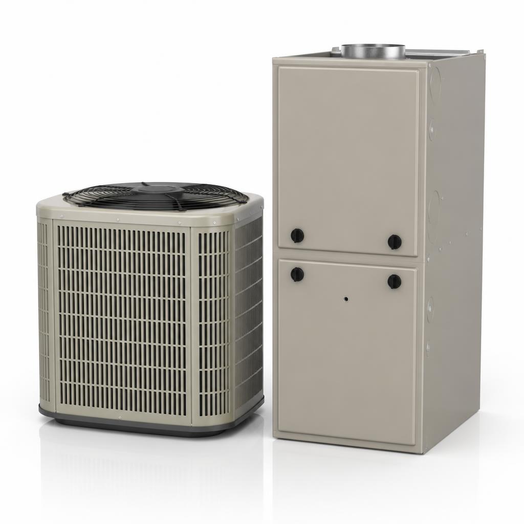 Conventional outdoor AC condenser next to indoor gas furnace